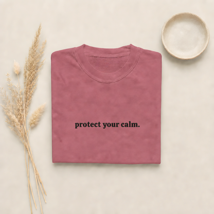 Brick garment-dyed Comfort Colors tee with "protect your calm" embroidered on the chest, Soft Rebellion