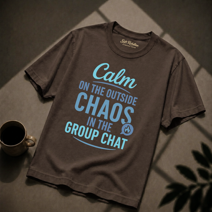 Espresso garment-dyed Comfort Colors tee reading "Calm on the Outside, Chaos in the Group Chat", Soft Rebellion