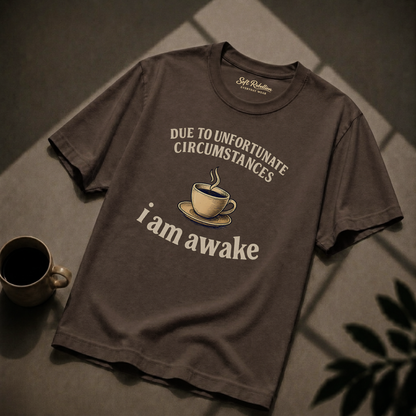 Espresso garment-dyed Comfort Colors tee reading "Due to Unfortunate Circumstances I Am Awake", Soft Rebellion