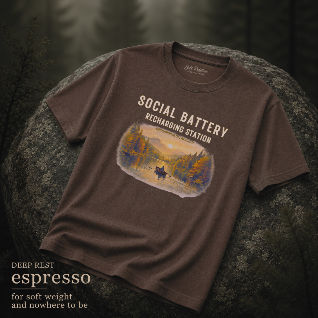 Espresso garment-dyed Comfort Colors tee reading "Social Battery", Soft Rebellion