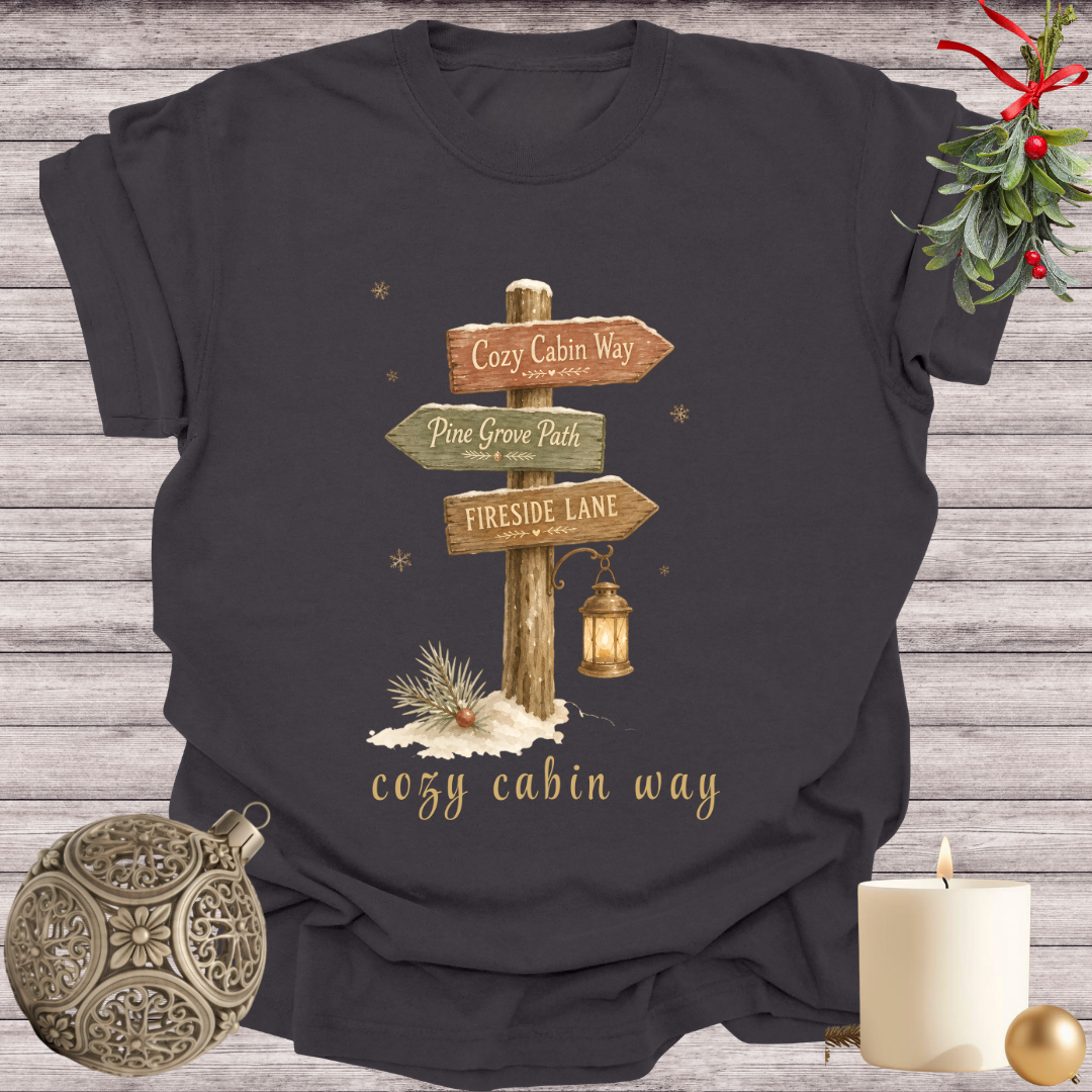 Graphite garment-dyed Comfort Colors tee reading "cozy cabin way", Soft Rebellion