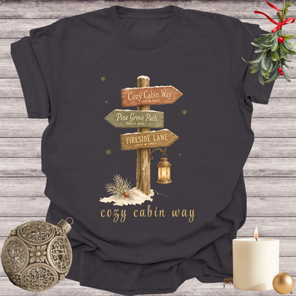 Graphite garment-dyed Comfort Colors tee reading "cozy cabin way", Soft Rebellion