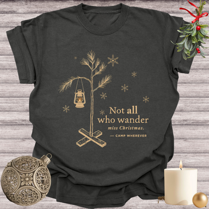 Graphite garment-dyed Comfort Colors tee reading "not all who wander miss christmas", Soft Rebellion