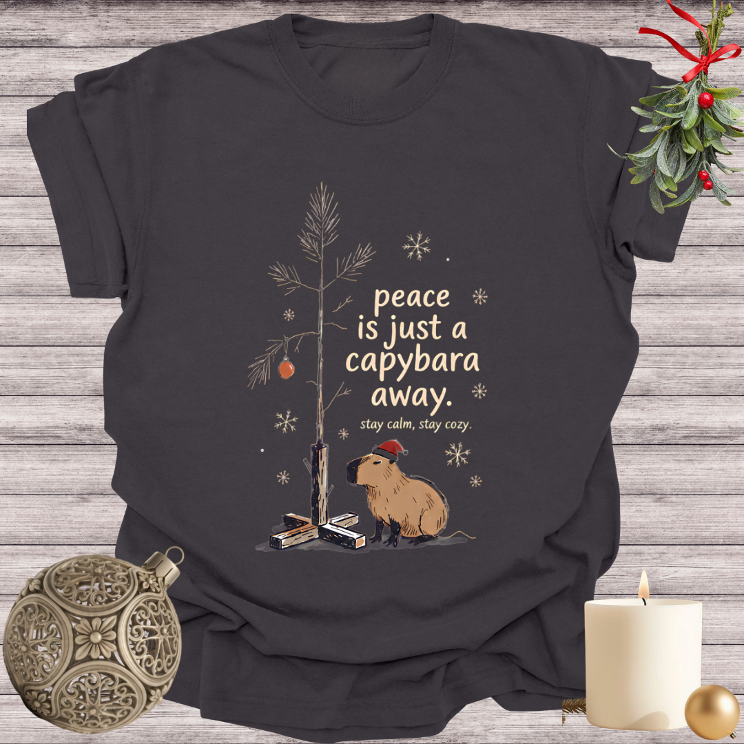 Graphite garment-dyed Comfort Colors tee reading "peace is just a capybara away", Soft Rebellion