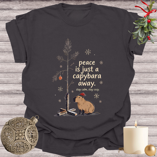Graphite garment-dyed Comfort Colors tee reading "peace is just a capybara away", Soft Rebellion