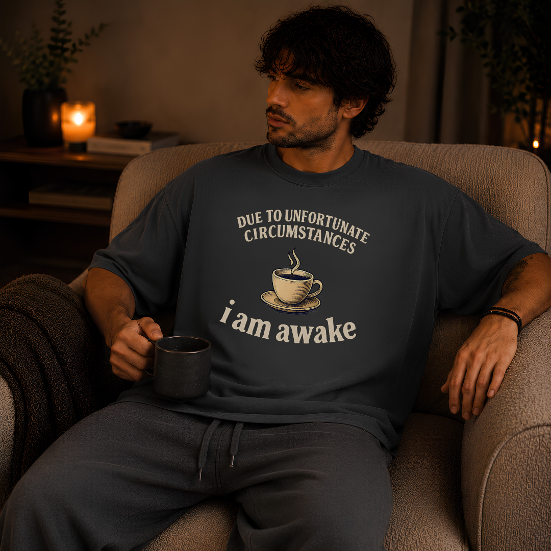 Graphite garment-dyed Comfort Colors tee reading "Due to Unfortunate Circumstances I Am Awake", Soft Rebellion