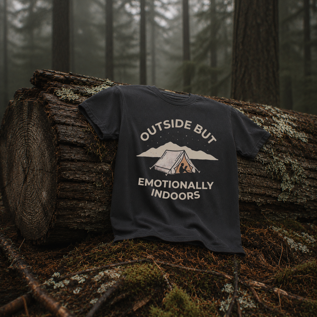 Graphite garment-dyed Comfort Colors tee reading "Outside but Emotionally Indoors", Soft Rebellion