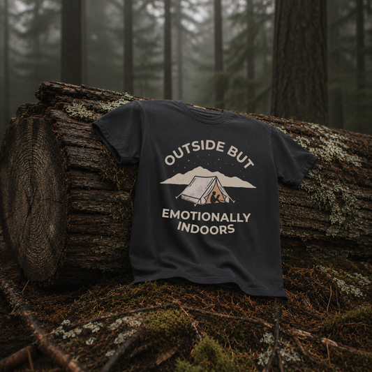 Graphite garment-dyed Comfort Colors tee reading "Outside but Emotionally Indoors", Soft Rebellion