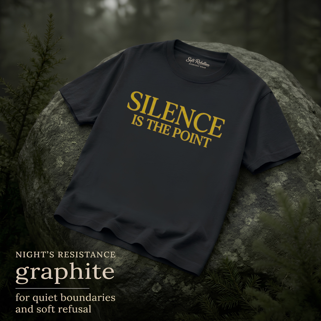 Graphite garment-dyed Comfort Colors tee reading "Silence Is the Point", Soft Rebellion