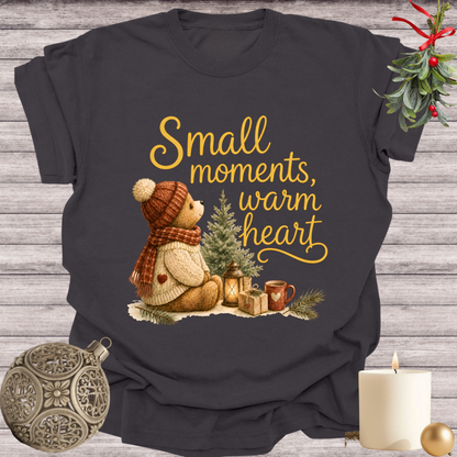 Graphite garment-dyed Comfort Colors tee reading "small moments, warm heart", Soft Rebellion