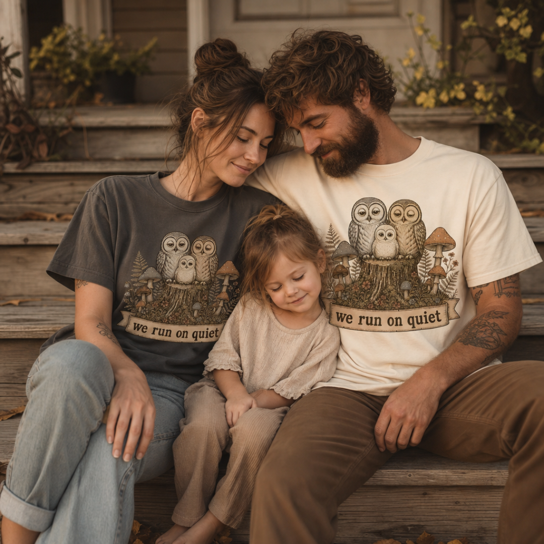 Ivory garment-dyed Comfort Colors tee reading "we run on quiet", Soft Rebellion