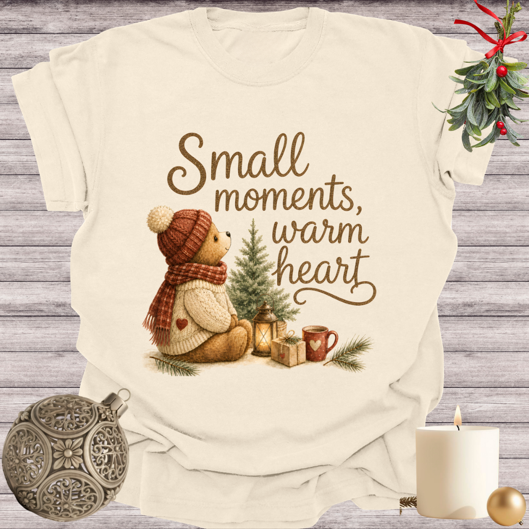 Ivory garment-dyed Comfort Colors tee reading "small moments, warm heart", Soft Rebellion