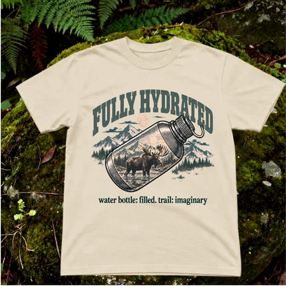 fully hydrated. water bottle: filled. trail: imaginary.