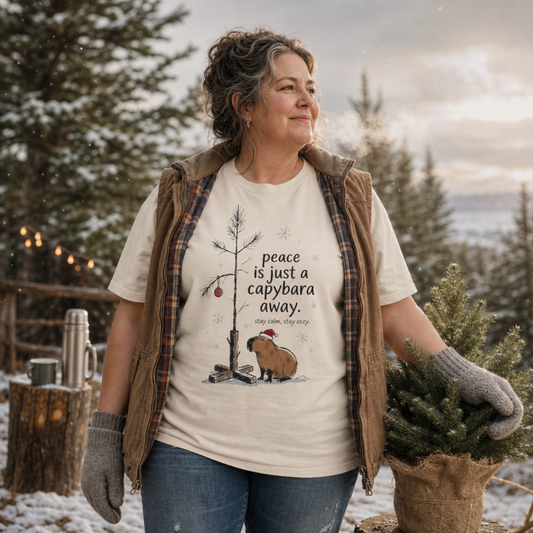 Ivory garment-dyed Comfort Colors tee reading "peace is just a capybara away", Soft Rebellion