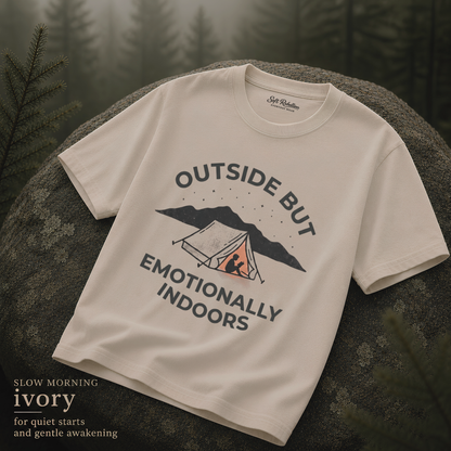 Ivory garment-dyed Comfort Colors tee reading "Outside but Emotionally Indoors", Soft Rebellion
