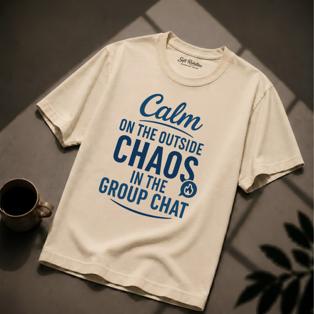Ivory garment-dyed Comfort Colors tee reading "Calm on the Outside, Chaos in the Group Chat", Soft Rebellion