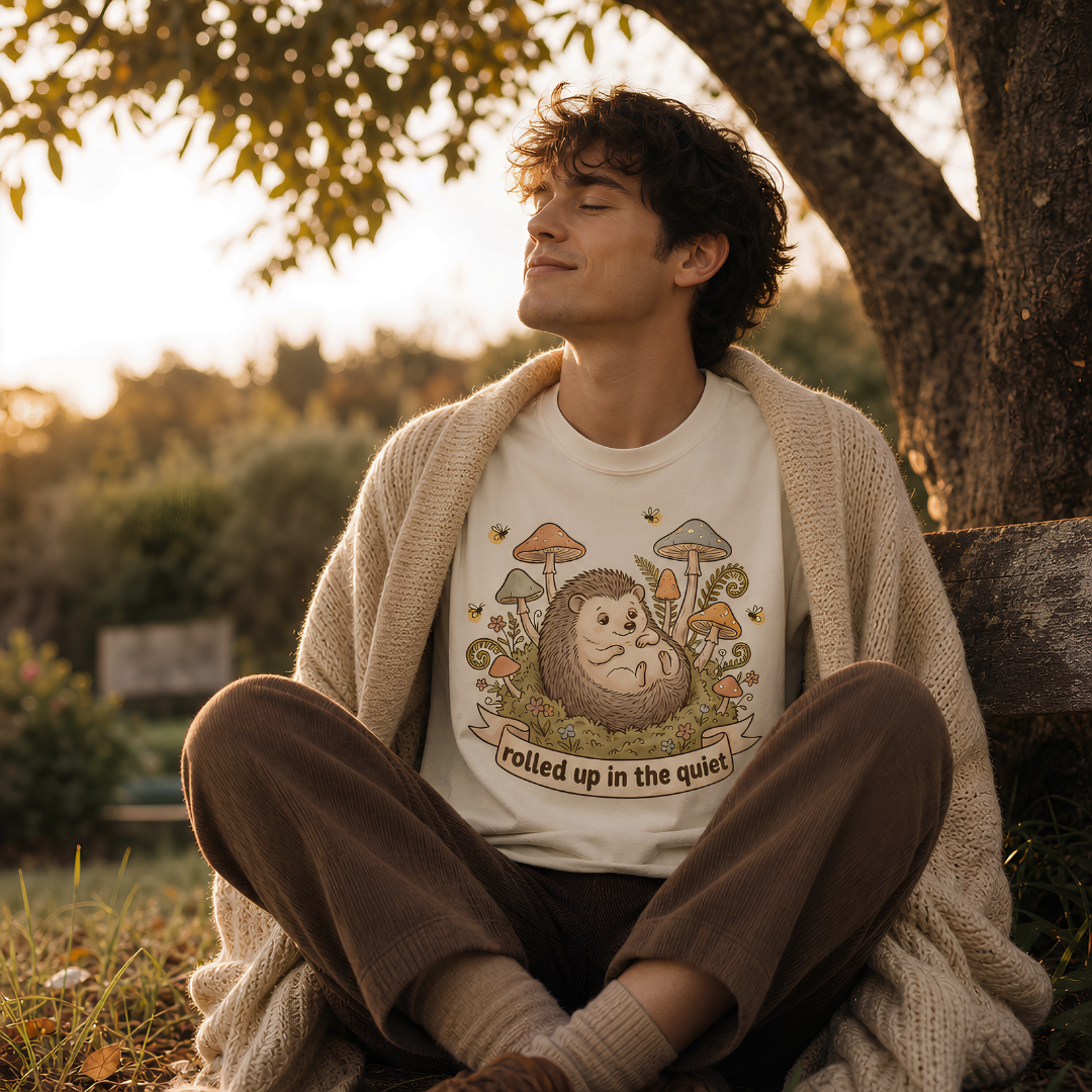 Ivory garment-dyed Comfort Colors tee reading "rolled up in the quiet", Soft Rebellion
