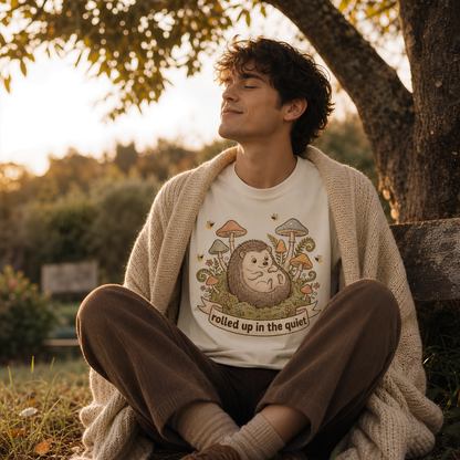 Ivory garment-dyed Comfort Colors tee reading "rolled up in the quiet", Soft Rebellion