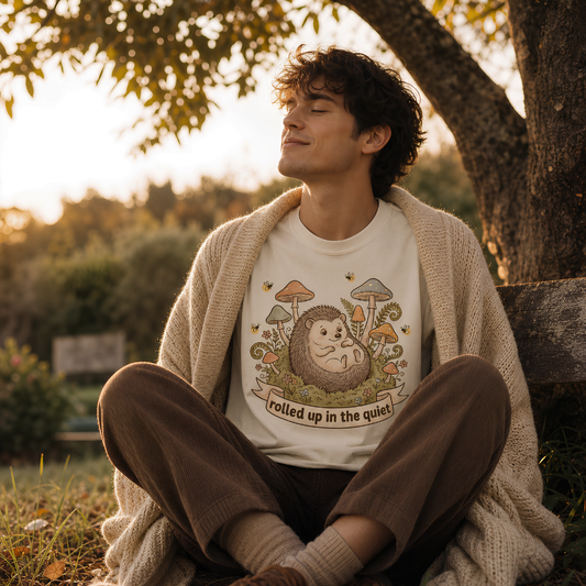 Ivory garment-dyed Comfort Colors tee reading "rolled up in the quiet", Soft Rebellion