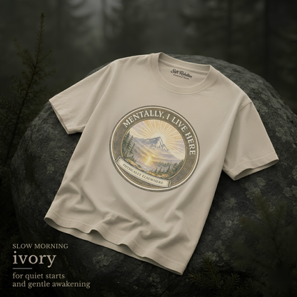 Ivory garment-dyed Comfort Colors tee reading "Mentally I Live Here", Soft Rebellion