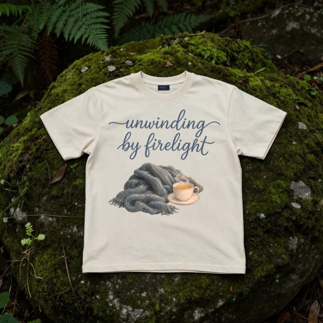 unwinding by firelight graphic tee in ivory, a soft cream vintage-inspired cotton t-shirt