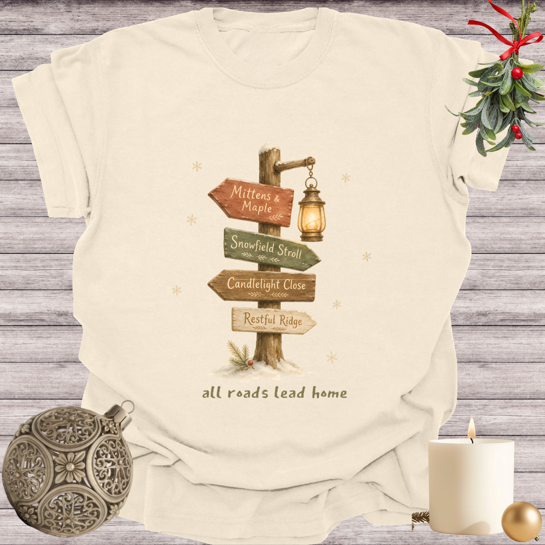 Ivory garment-dyed Comfort Colors tee reading "all roads lead home", Soft Rebellion