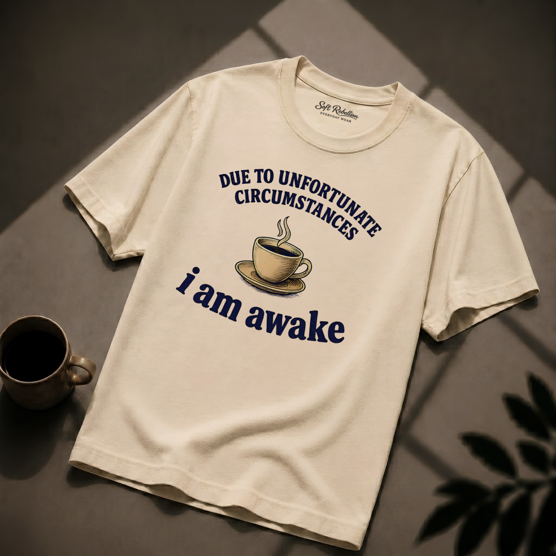 Ivory garment-dyed Comfort Colors tee reading "Due to Unfortunate Circumstances I Am Awake", Soft Rebellion