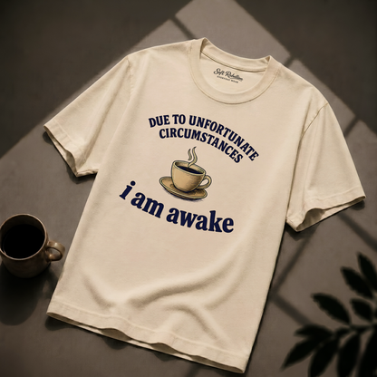Ivory garment-dyed Comfort Colors tee reading "Due to Unfortunate Circumstances I Am Awake", Soft Rebellion