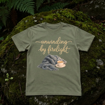 unwinding by firelight graphic tee in moss, a muted olive green vintage-inspired cotton t-shirt