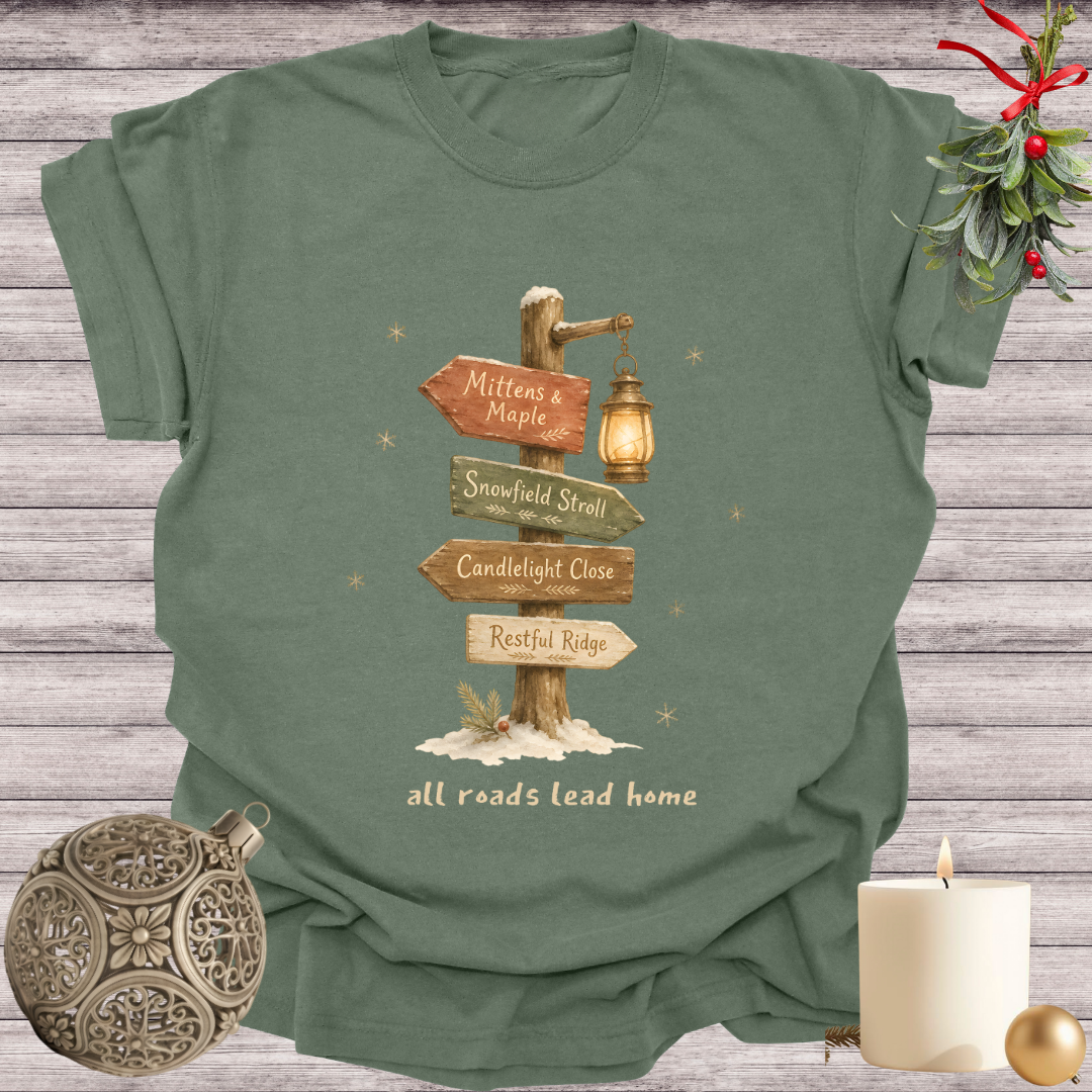 Moss garment-dyed Comfort Colors tee reading "all roads lead home", Soft Rebellion