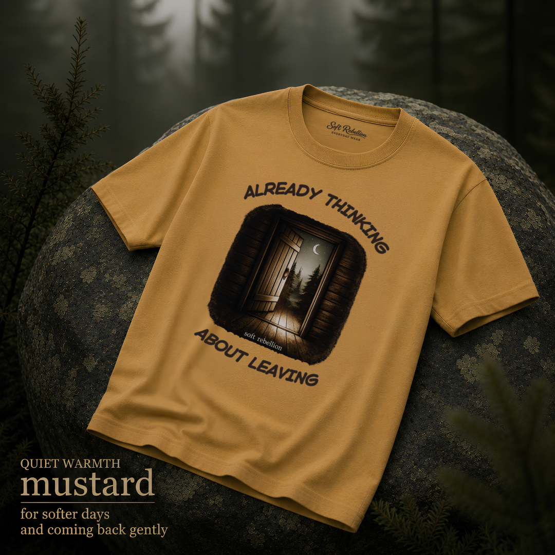 Mustard garment-dyed Comfort Colors tee reading "Already Thinking About Leaving", Soft Rebellion