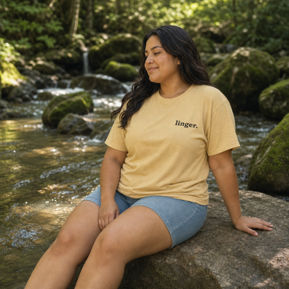 Mustard garment-dyed Comfort Colors tee with "linger" embroidered on the chest, Soft Rebellion