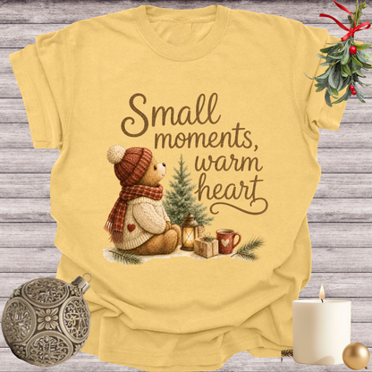 Mustard garment-dyed Comfort Colors tee reading "small moments, warm heart", Soft Rebellion