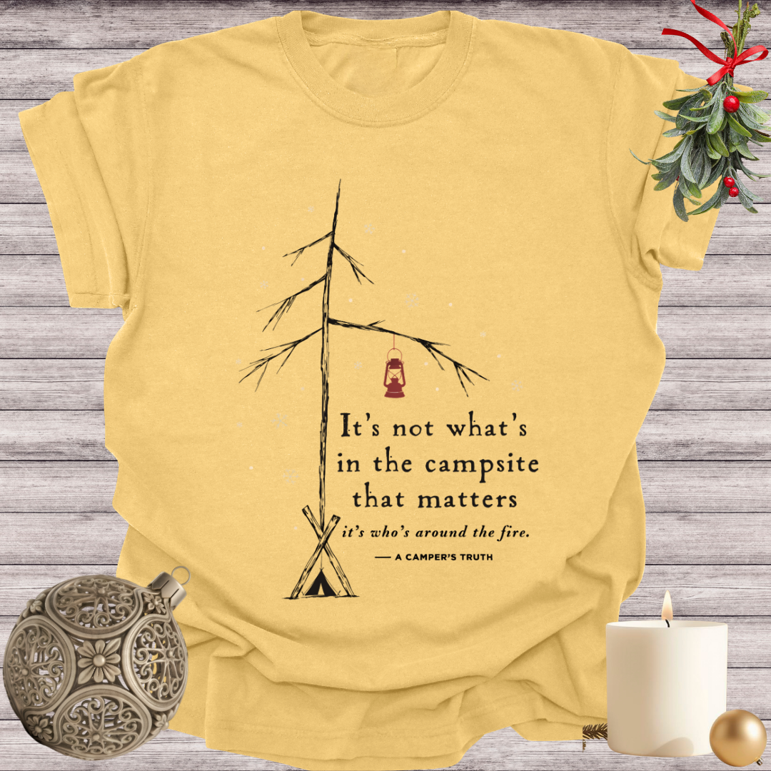 Mustard garment-dyed Comfort Colors tee reading "it's not what's in the campsite that matters, it's who's around the fire", Soft Rebellion