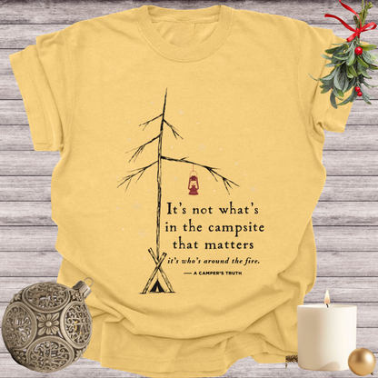 Mustard garment-dyed Comfort Colors tee reading "it's not what's in the campsite that matters, it's who's around the fire", Soft Rebellion