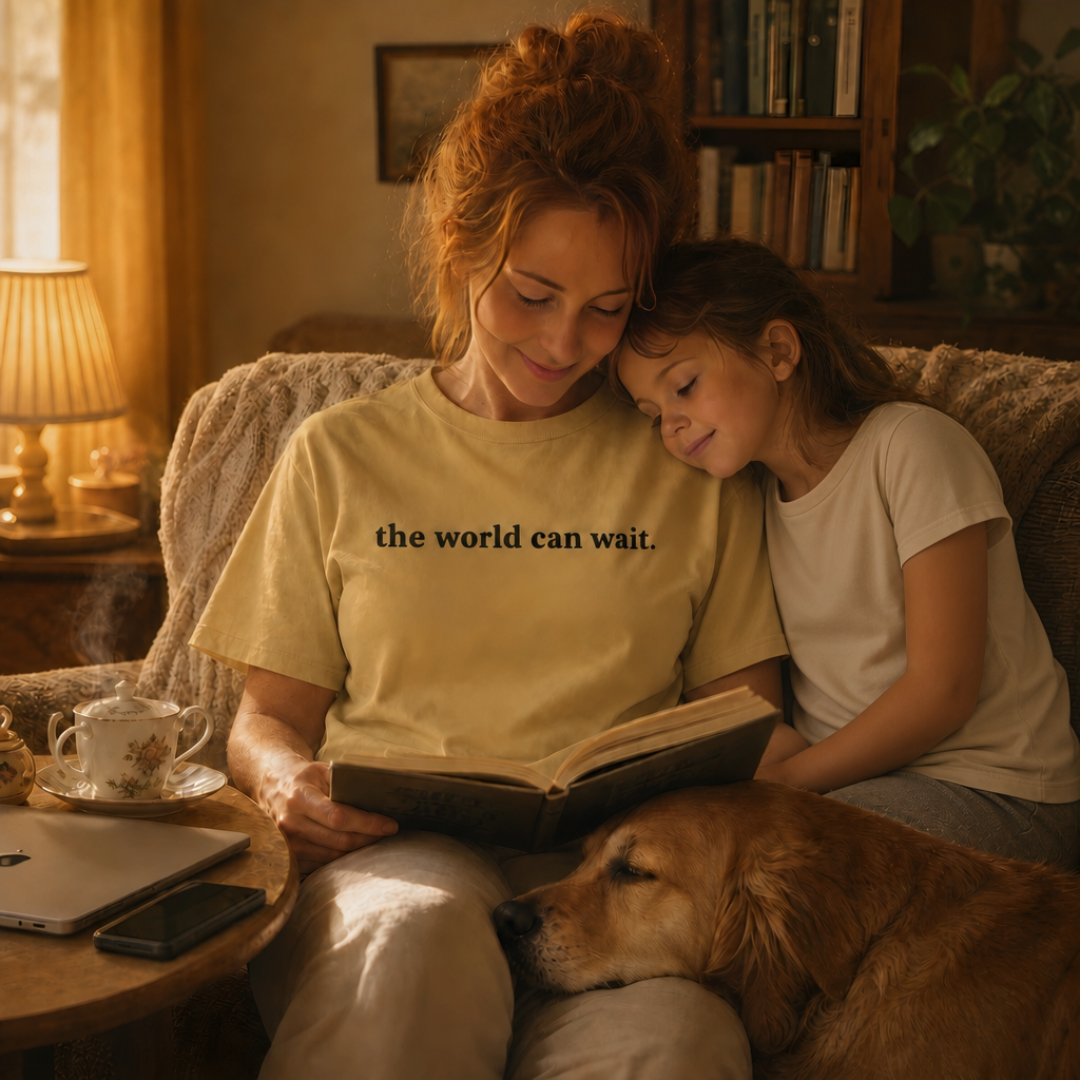 Mustard garment-dyed Comfort Colors tee with "the world can wait" embroidered on the chest, Soft Rebellion