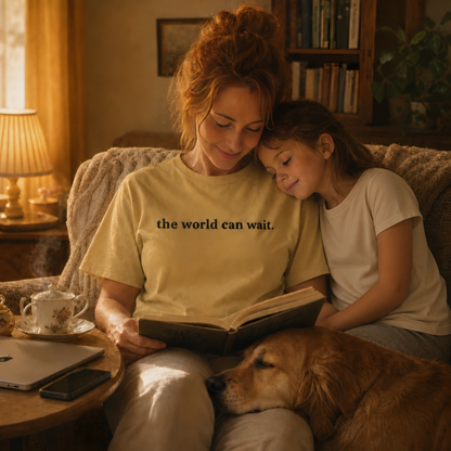 Mustard garment-dyed Comfort Colors tee with "the world can wait" embroidered on the chest, Soft Rebellion