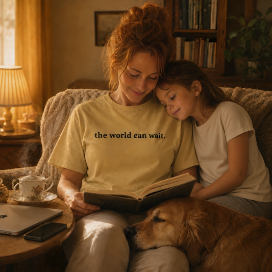 Mustard garment-dyed Comfort Colors tee with "the world can wait" embroidered on the chest, Soft Rebellion