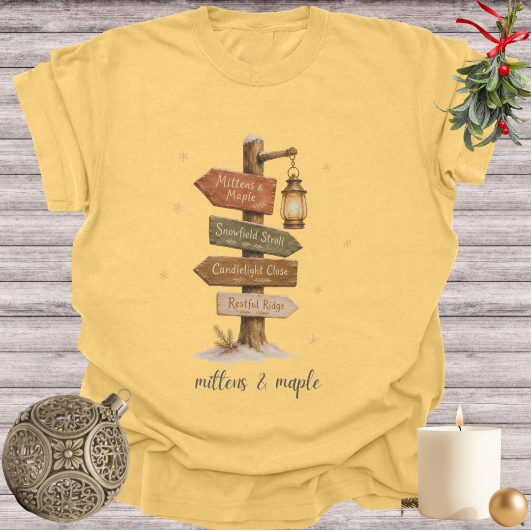 Mustard garment-dyed Comfort Colors tee reading "mittens & maple", Soft Rebellion