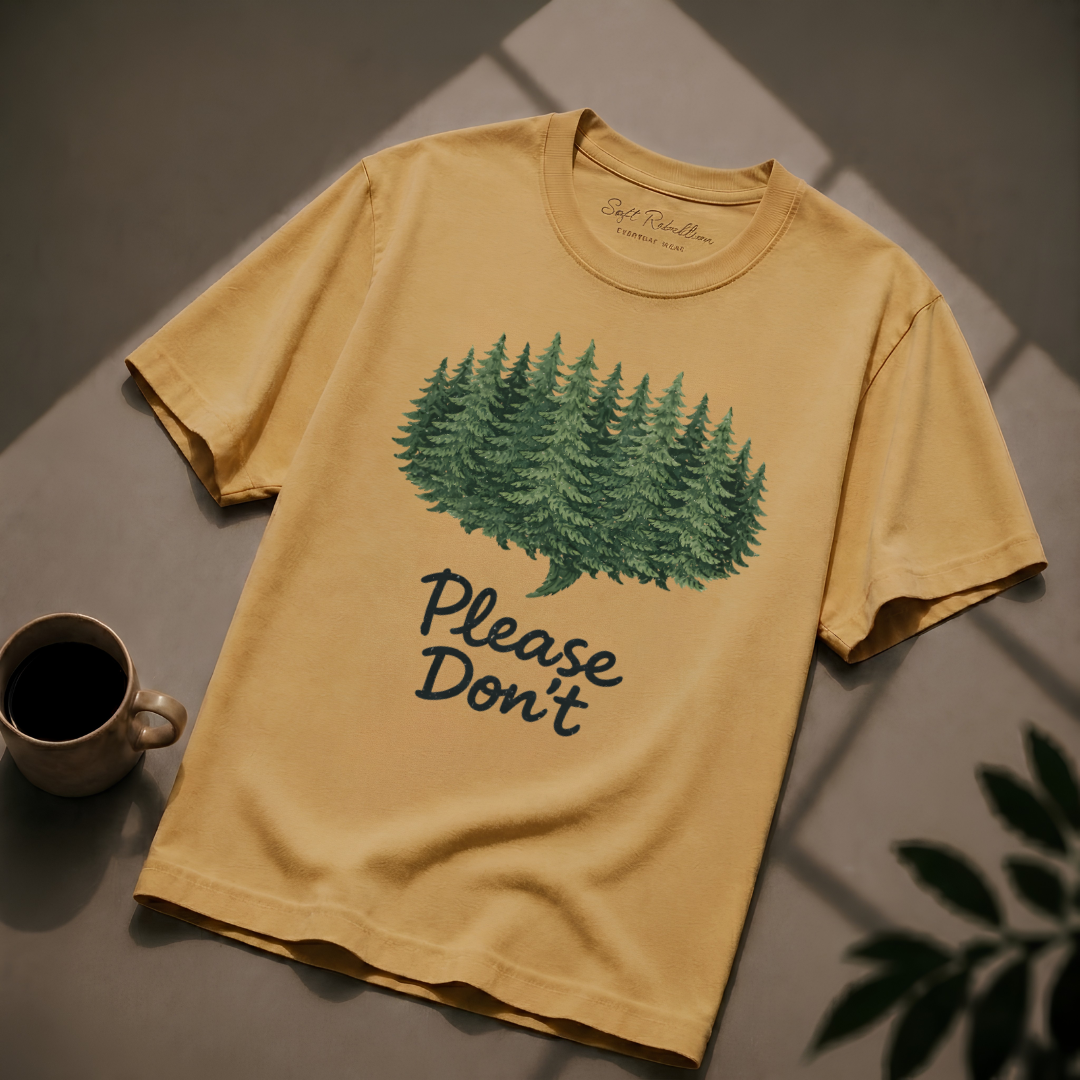 Mustard garment-dyed Comfort Colors tee reading "Please Don't", Soft Rebellion