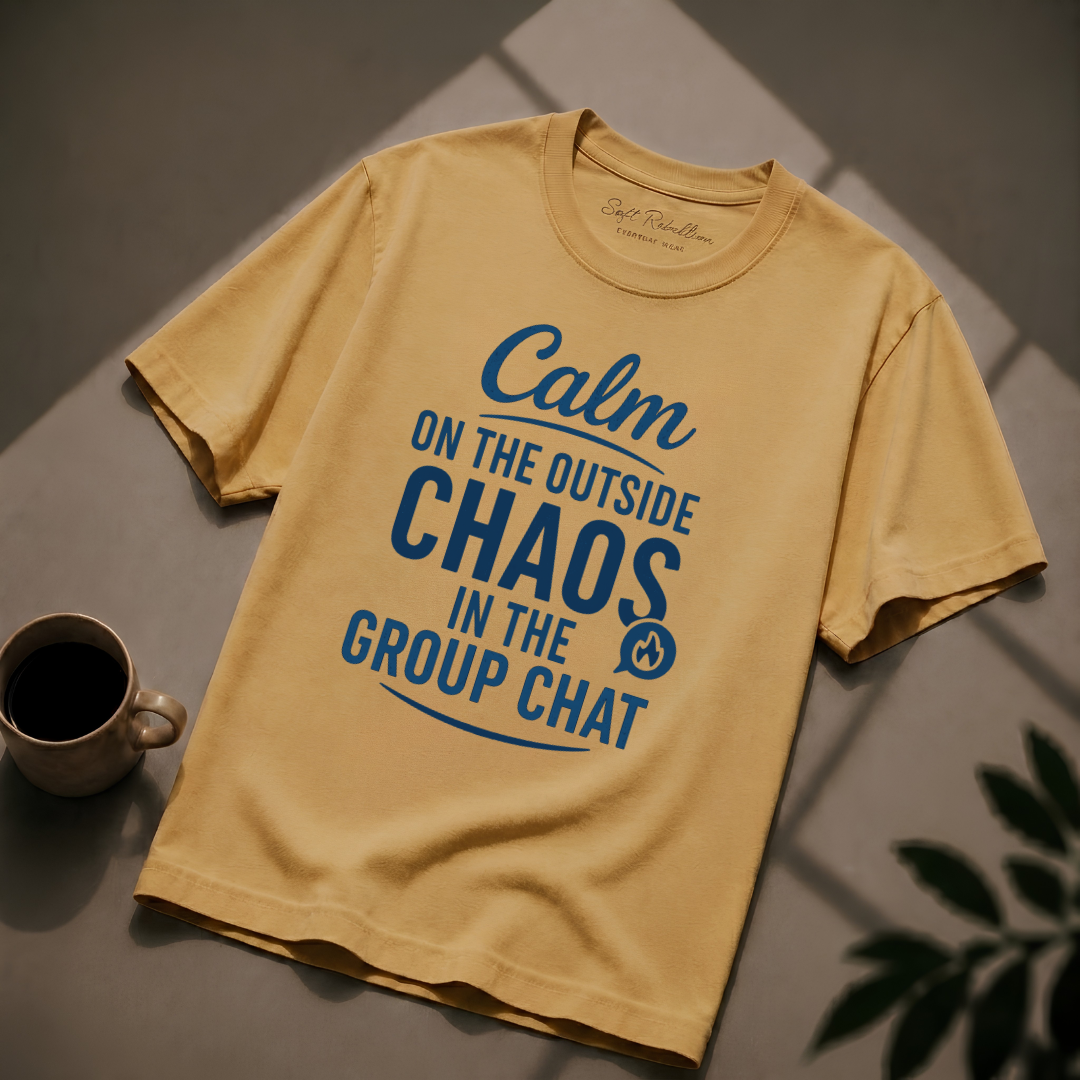 Mustard garment-dyed Comfort Colors tee reading "Calm on the Outside, Chaos in the Group Chat", Soft Rebellion