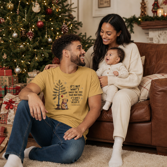 Mustard garment-dyed Comfort Colors tee reading "it's not what's under the tree that matters, it's who's sitting beside it", Soft Rebellion
