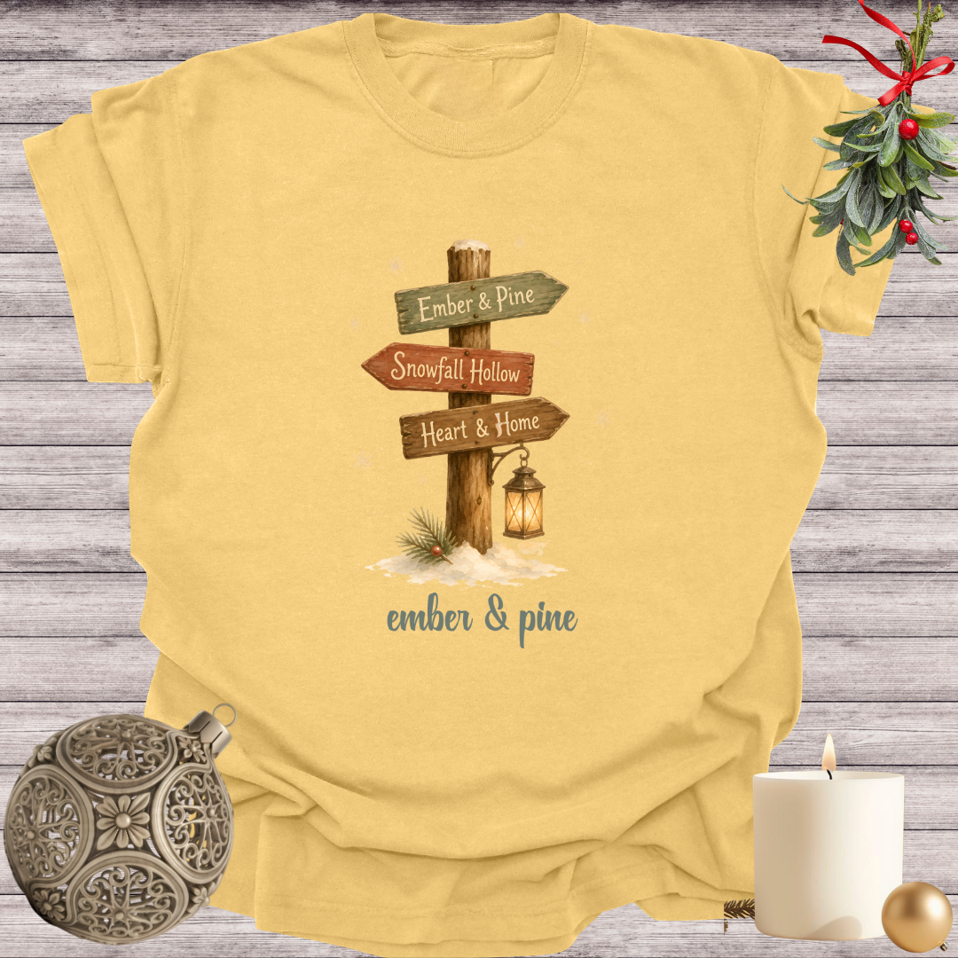 Mustard garment-dyed Comfort Colors tee reading "ember & pine", Soft Rebellion