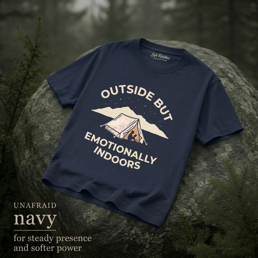 Navy garment-dyed Comfort Colors tee reading "Outside but Emotionally Indoors", Soft Rebellion