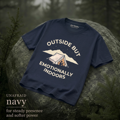 Navy garment-dyed Comfort Colors tee reading "Outside but Emotionally Indoors", Soft Rebellion