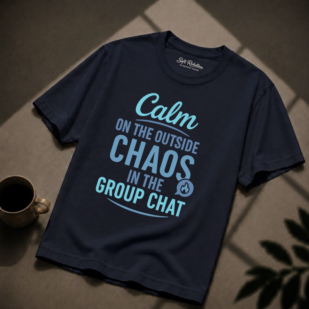 Navy garment-dyed Comfort Colors tee reading "Calm on the Outside, Chaos in the Group Chat", Soft Rebellion