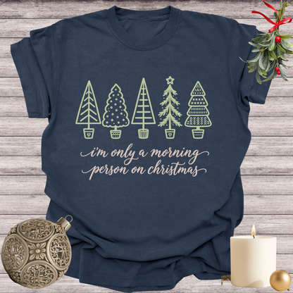 Navy garment-dyed Comfort Colors tee reading "i'm only a morning person on christmas", Soft Rebellion
