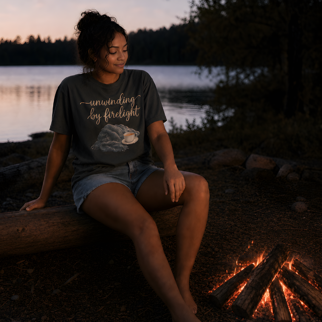 unwinding by firelight graphic tee in pepper, a muted charcoal vintage-inspired cotton t-shirt