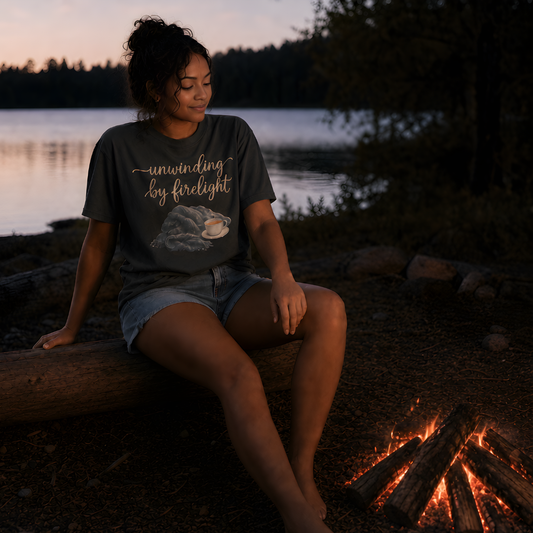 unwinding by firelight graphic tee in pepper, a muted charcoal vintage-inspired cotton t-shirt