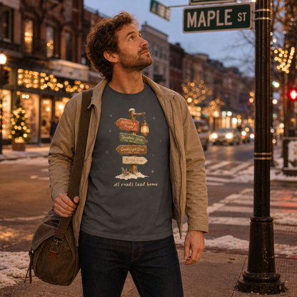 Graphite garment-dyed Comfort Colors tee reading "all roads lead home", Soft Rebellion